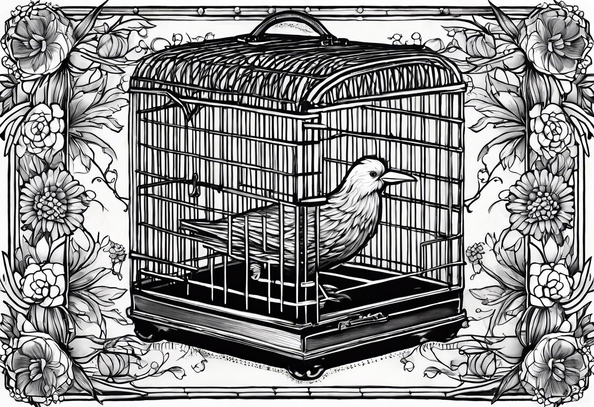 big bird in a small cage as in the song ''big bird in a small cage'' from patrick watson. Add decoration outside the cage like flowers or foliage tattoo idea