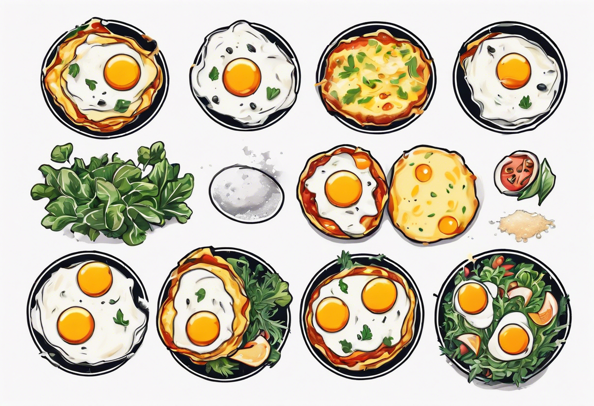 A round omlette, thin 5 fried eggs with salt pepper and a bit greens and shredded cheese on the top tattoo idea