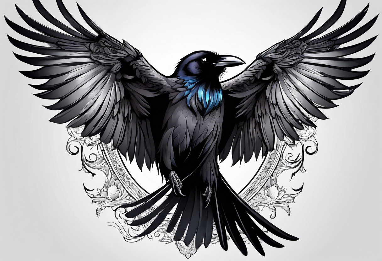 Stading raven with tongue out, blank eyes and long tail wings tattoo idea