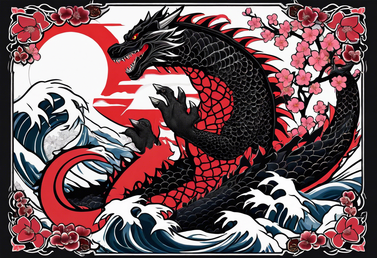 godzilla inspired dragon irezumi arm sleeve in black and red with water and lightning and cherry blossoms tattoo idea