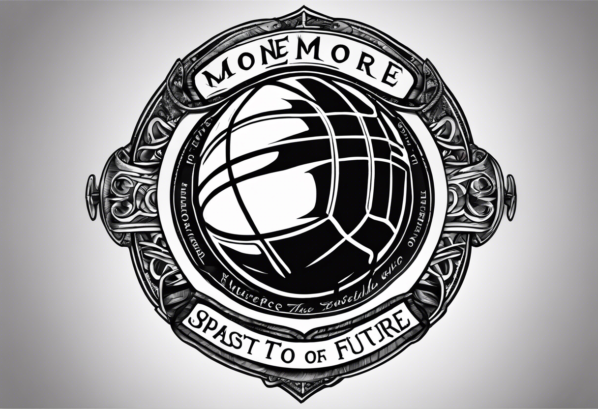 A thigh tattoo of the name Moore and also says from the past we rise to our future somehow tie a small basketball into it tattoo idea