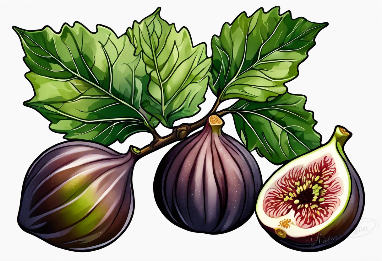 A fig branch with 3 greenish-brown fruits and multiple lobed fig leaves tattoo idea