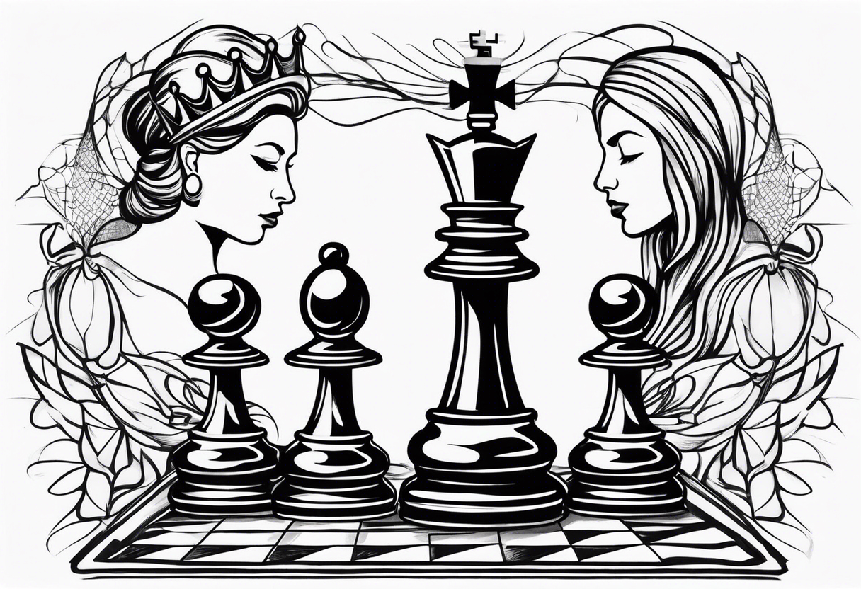 chess queen piece contour with two pawns on her side inside a quantum field tattoo idea