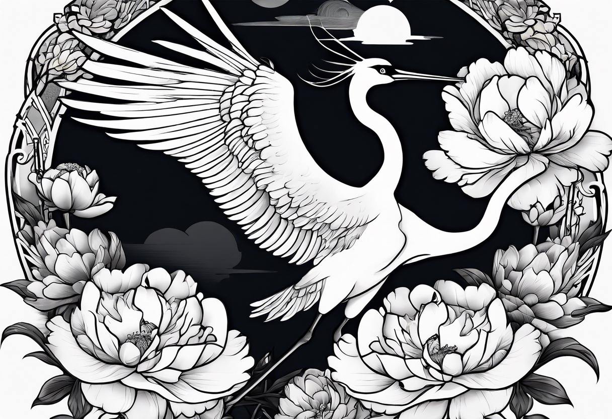 Japanese crane flying through peonies tattoo idea