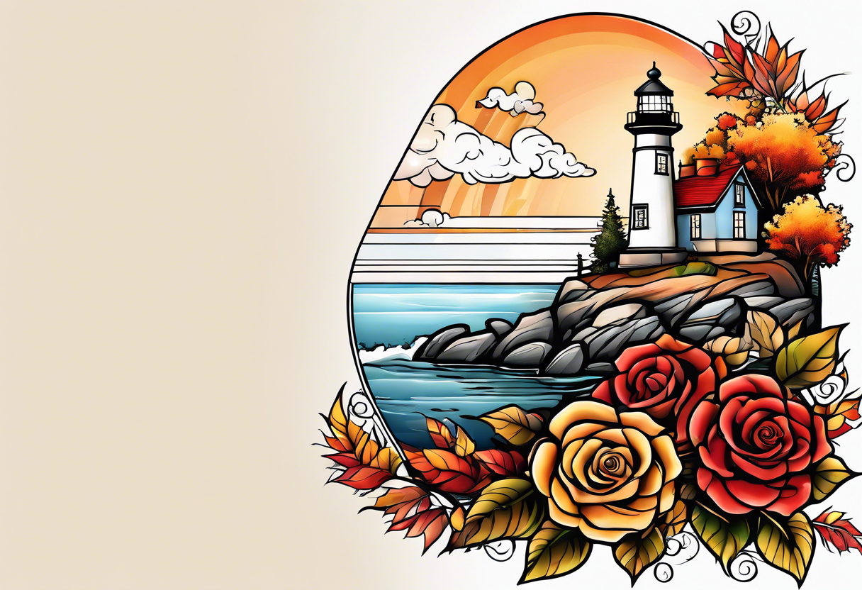 thigh placement in fall colors, showing, light house, water, rocks, sky, clouds, leaves, roses tattoo idea