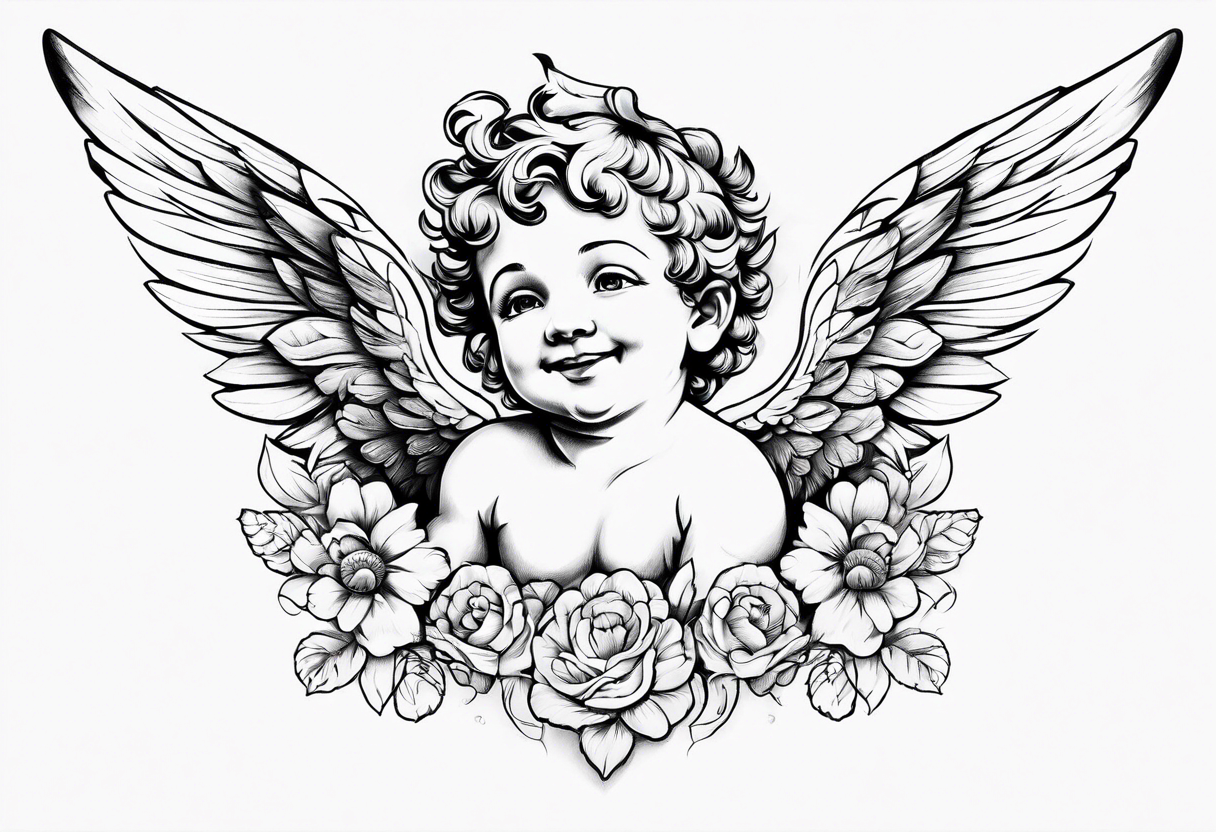 one putti with wings smiling vertical tattoo idea