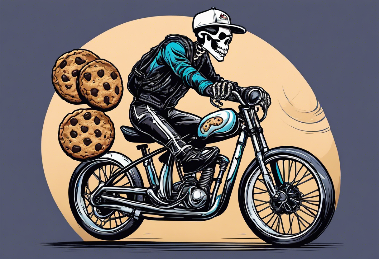 Lifelike skeleton wearing licra and cap rides a road bike. The skeleton is grinning at the viewer and holding a cookie in its left hand tattoo idea