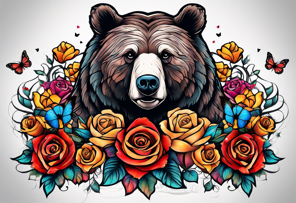 Bear under the tree of life with multiple colored roses and three butterflies for an upper arm tattoo. tattoo idea