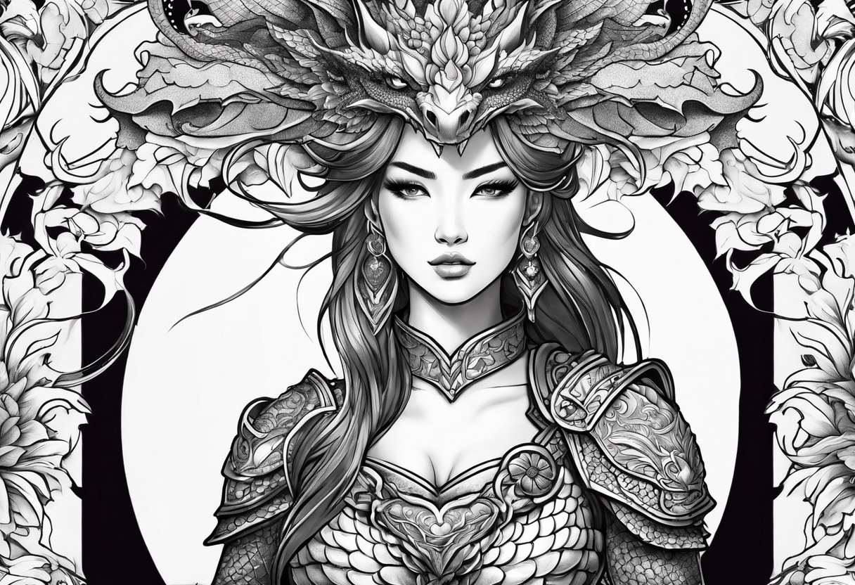 beautiful warrior woman wearing dragon armor and a floral background and a dragon a full picture tattoo idea