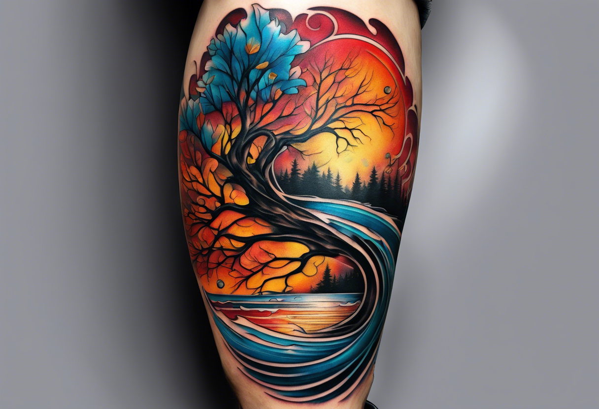 knee tattoo in fall colors with bluw water flow tattoo idea