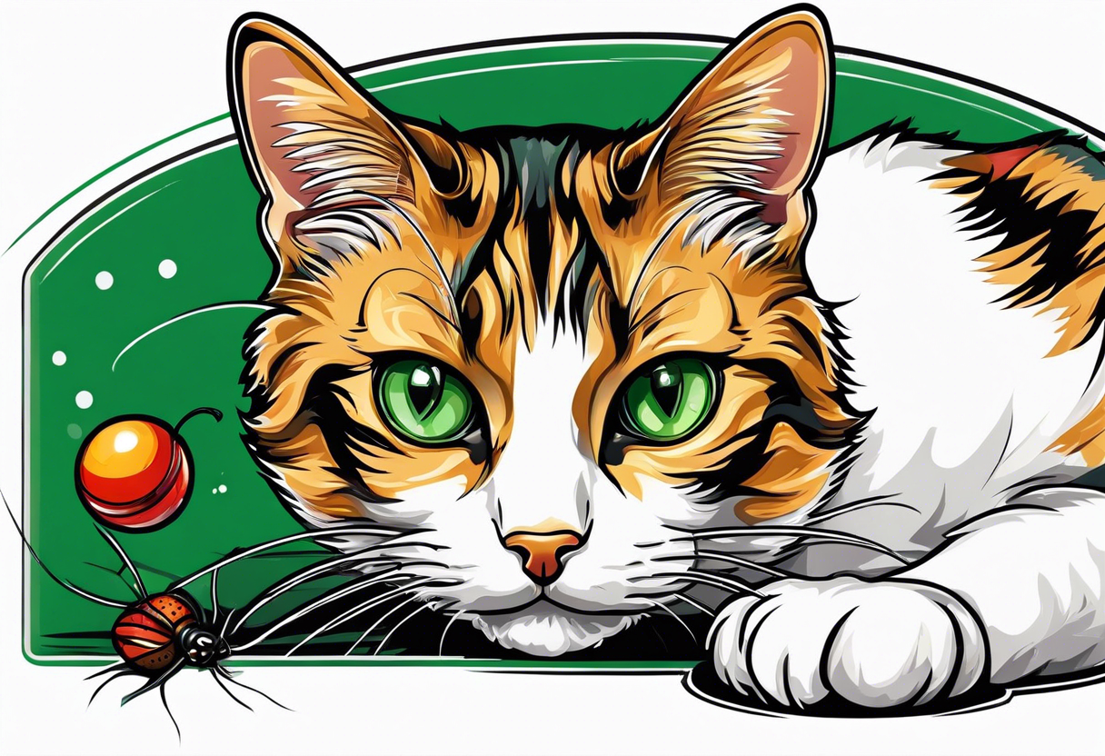 Calico cat with green eyes playing with a cricket-shaped toy tattoo idea