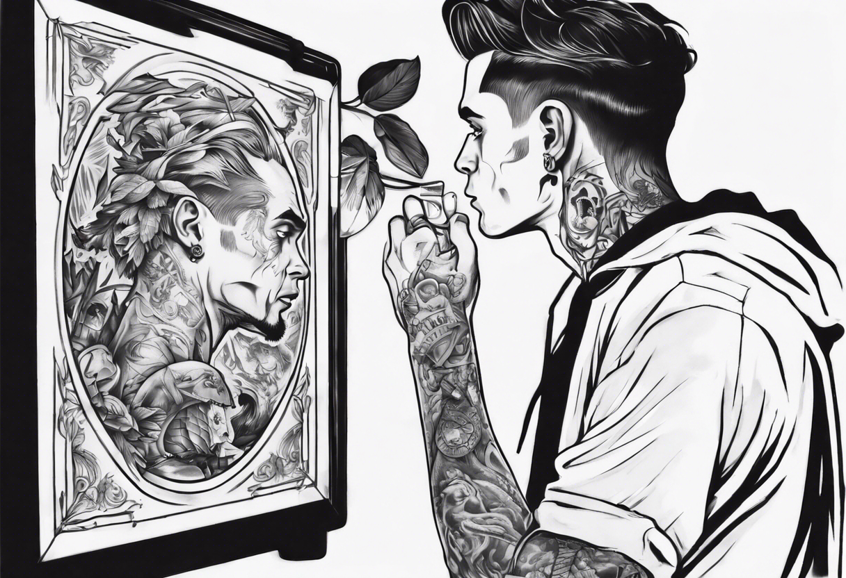 man looking into mirror, seeing his younger self tattoo idea