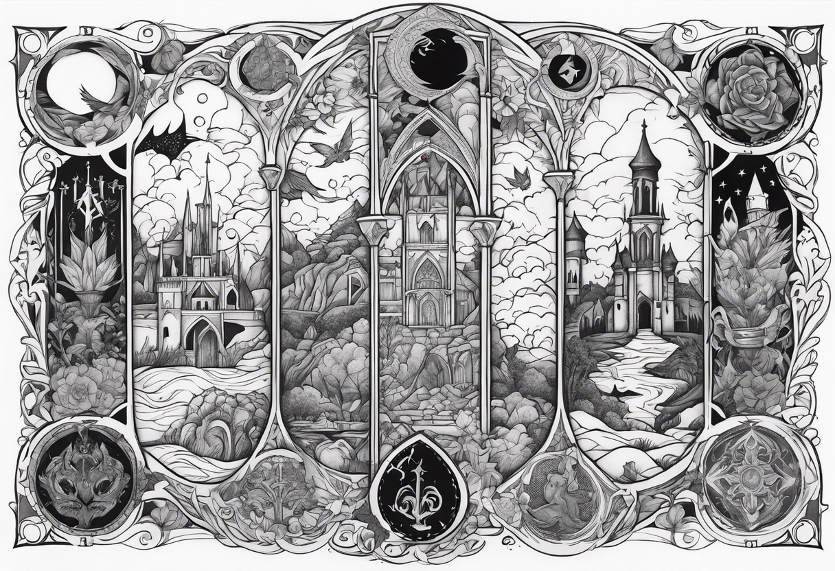 Medieval fantasy collage sleeve tattoo tattoo idea
