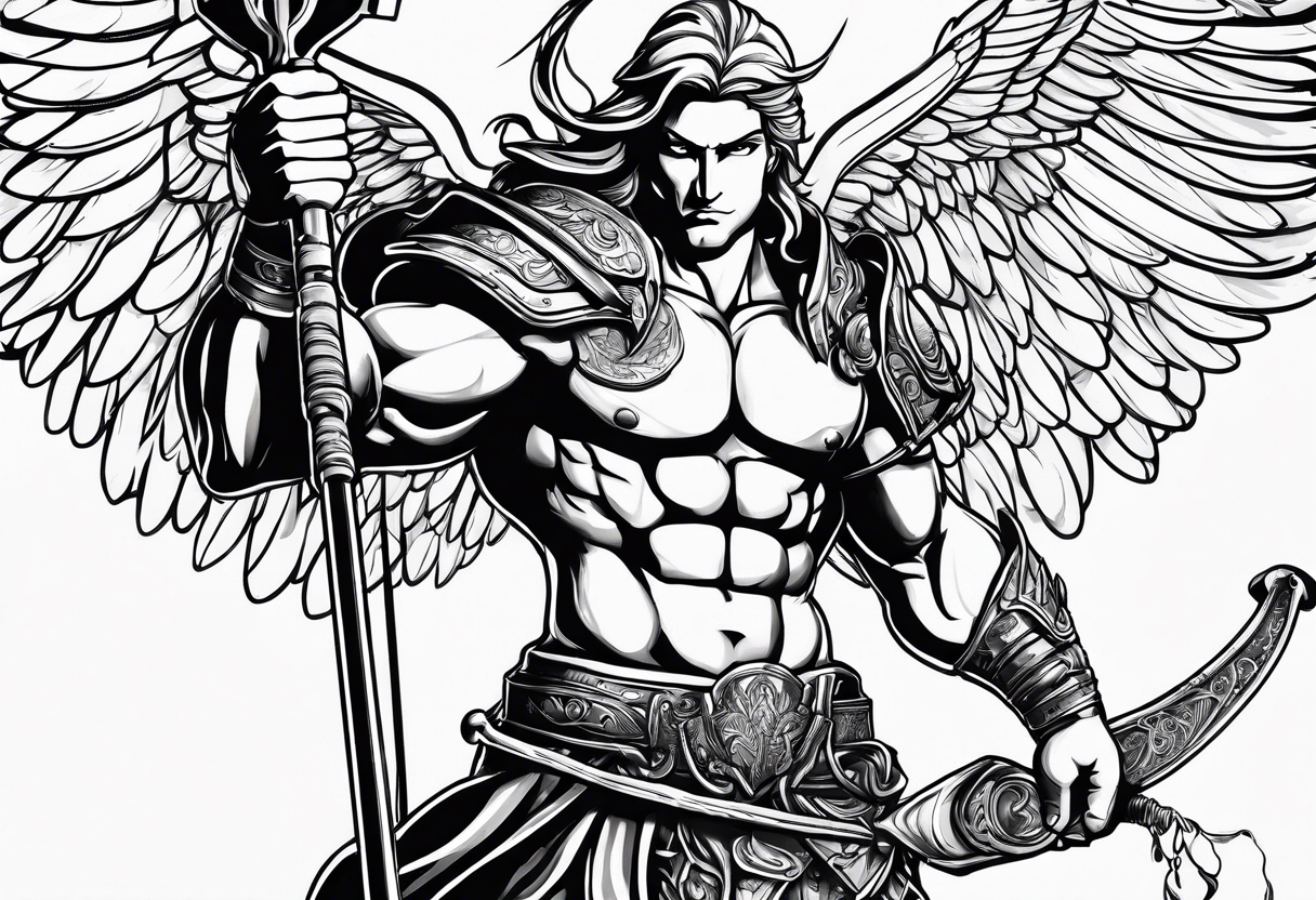 ares figure, angel, fishing rod tattoo idea