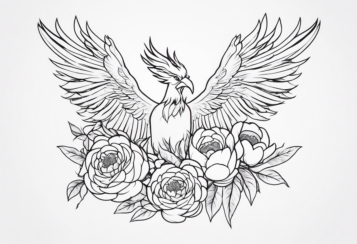 minimalist pheonix with peonies tattoo idea