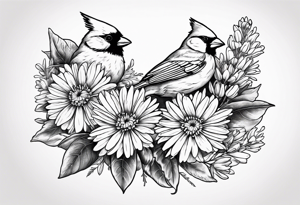 Bouquet of Aster flowers and sea rocket flowers with a cardinal around the words Dad tattoo idea