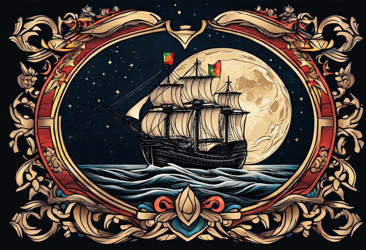 A Portuguese and a German flag with a Portuguese ship caravela in the middle on a dark night with a big moon light tattoo idea