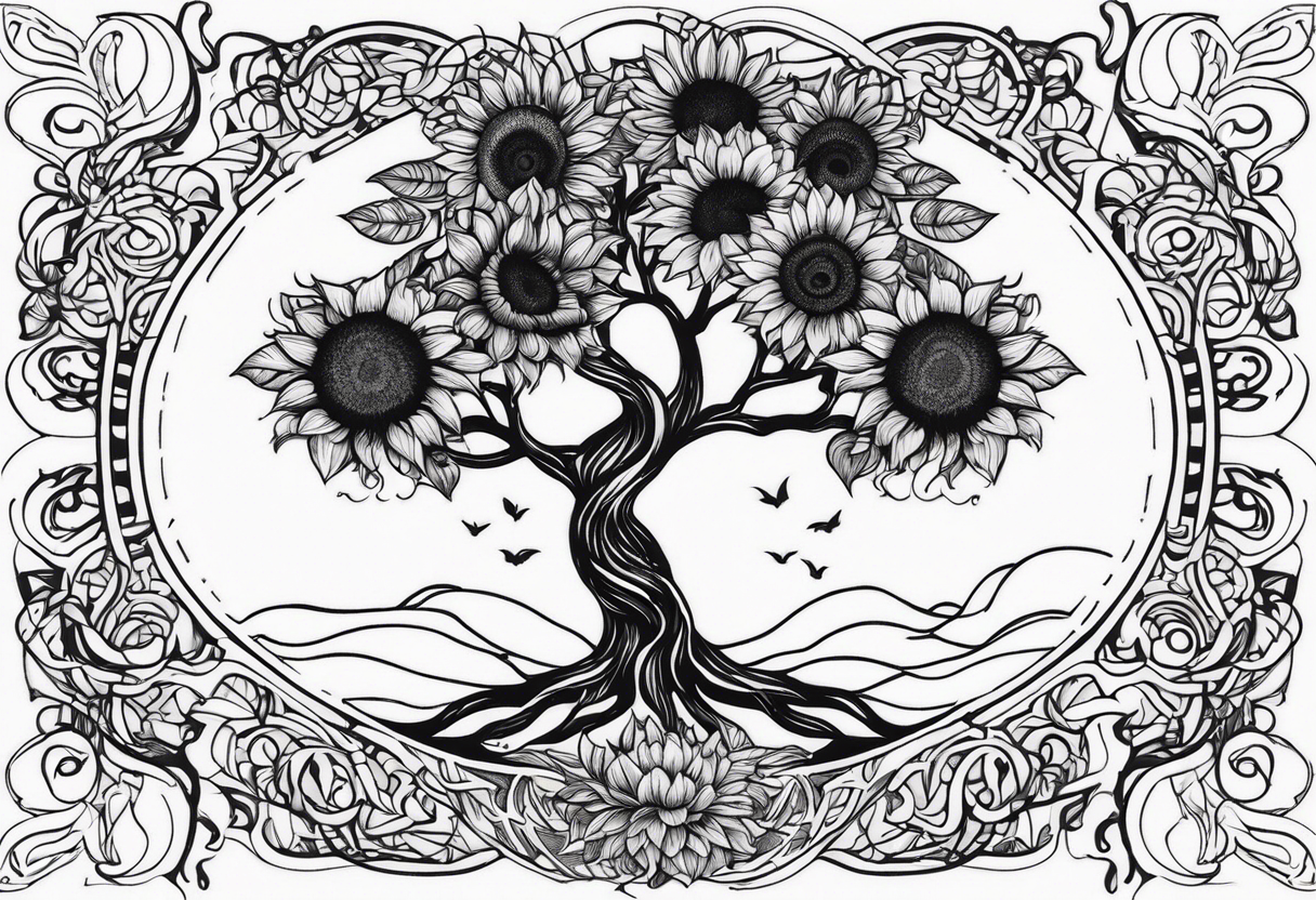 Feminine Yggdrasil tree with two sunflowers tattoo idea