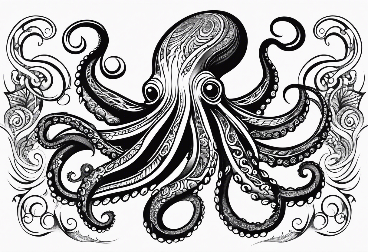 Hawaii tribal octopus with thick lines, less detail, and water waves tattoo idea