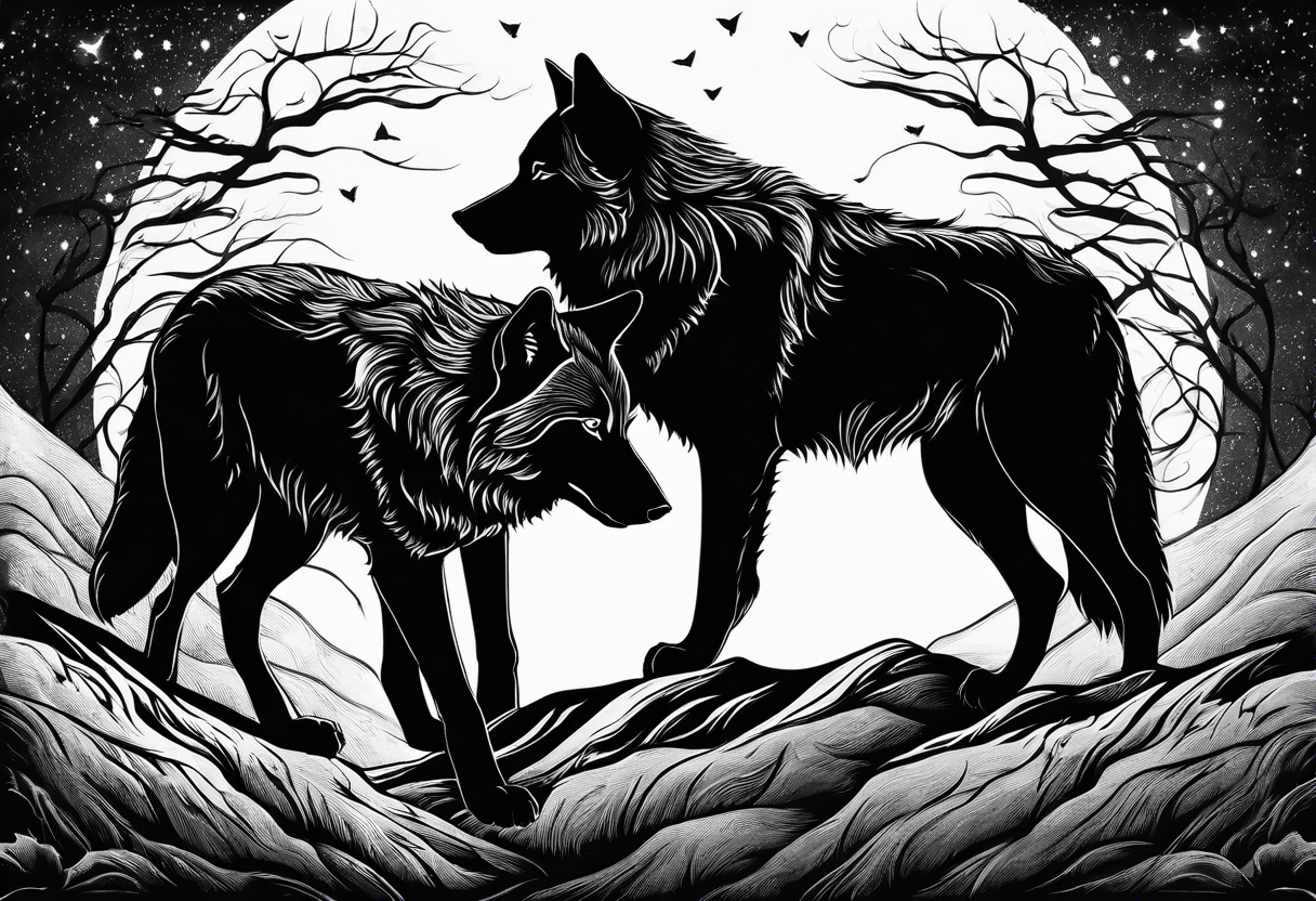 Two wolves, silhouettes, side by side. One wolf consumes swirling darkness, the other takes in beams of light. Emphasize the feeding action. tattoo idea