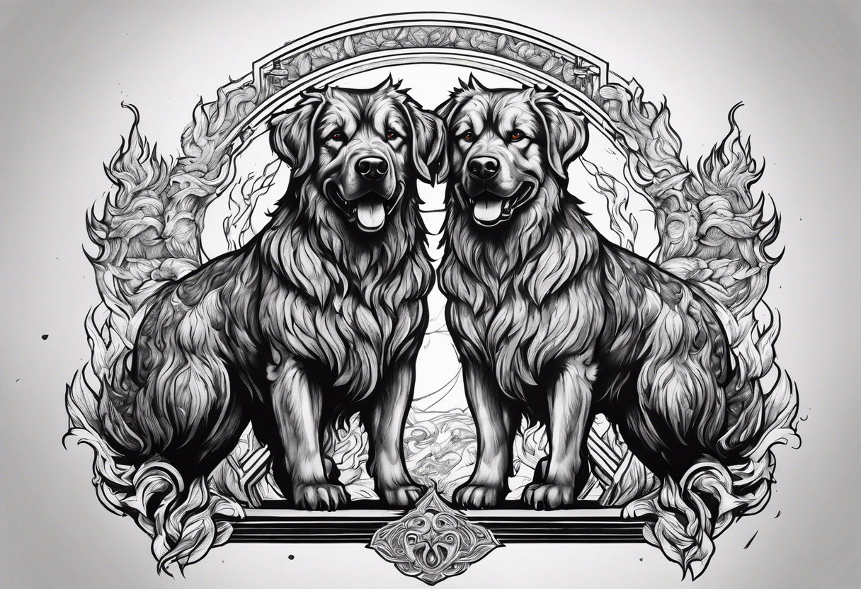 Cerberus standing in fire with a black gate behind tattoo idea