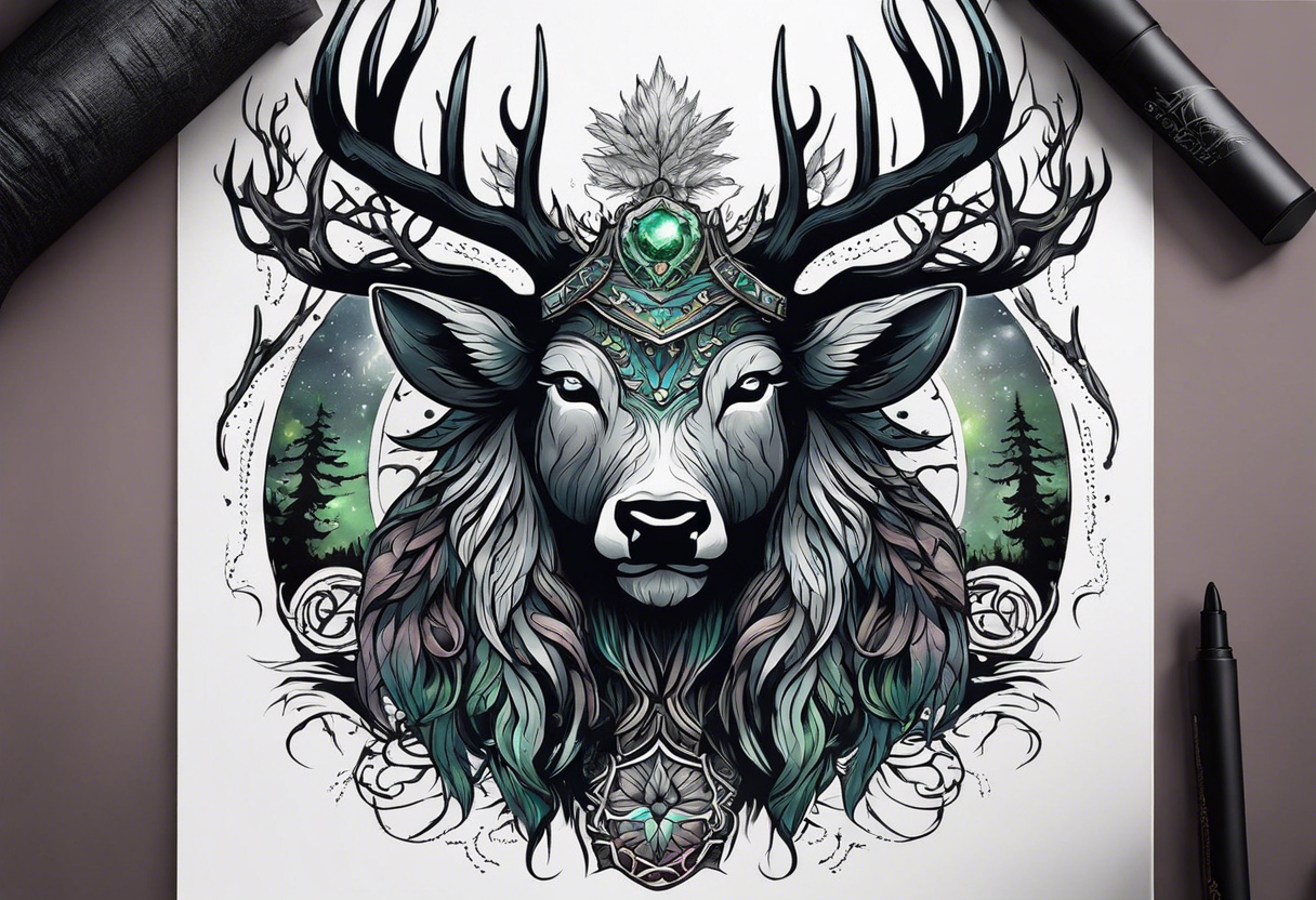 The Great Forest Spirit is a powerful deity that rules over the forest and the animals. It can take the form of a deer-like creature with a human face, or a giant, glowing humanoid at night. tattoo idea