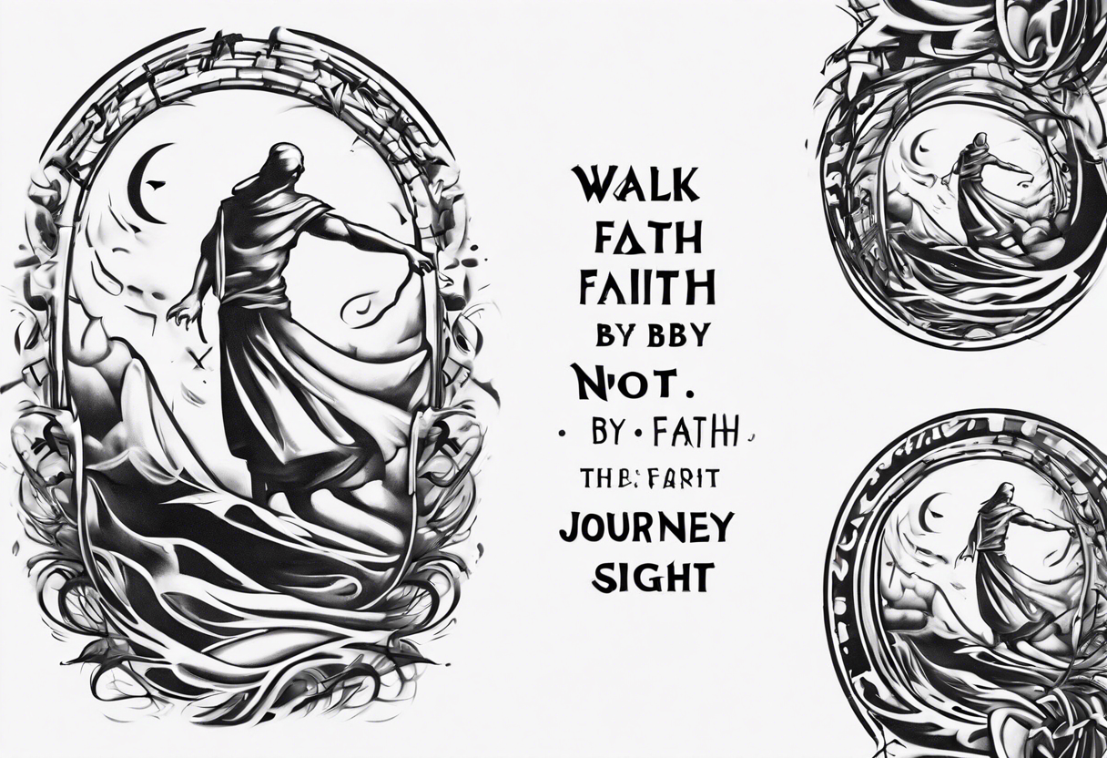 Horizontal inner bicep tattoo. “walk by faith, not by sight” stairwell wrapping around the quote. This design captures the essence of the journey guided by faith. tattoo idea