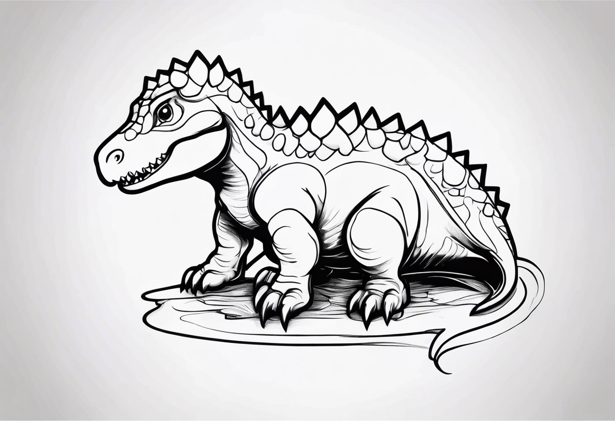 Draw me a simple sweet sitting dino who is drawing on a painting tattoo idea