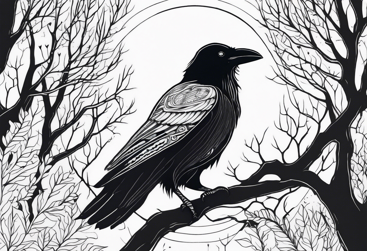 Raven swooping, occult, mystical, knowing, light behind its eyes, ethereal, night sky and trees in the background tattoo idea