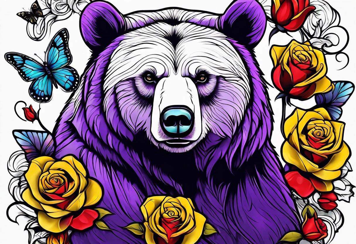 Bear under the tree of life with yellow, purple, and red colored roses and three butterflies for an upper arm tattoo. tattoo idea