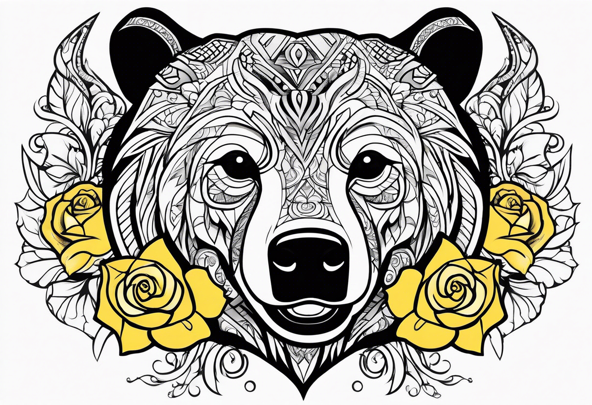 A tribal bear outline above the butterfly and yellow rose tattoo idea