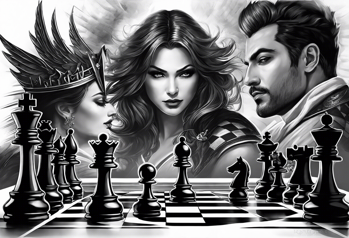 Capture the intense moment of checkmate in the game, with the angelic queen delivering the final move, signaling the triumph of good over evil in this strategic battle. tattoo idea