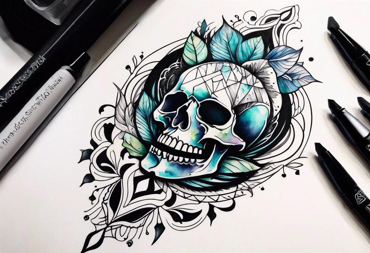 knee tattoo with skull and water colors and shapes tattoo idea