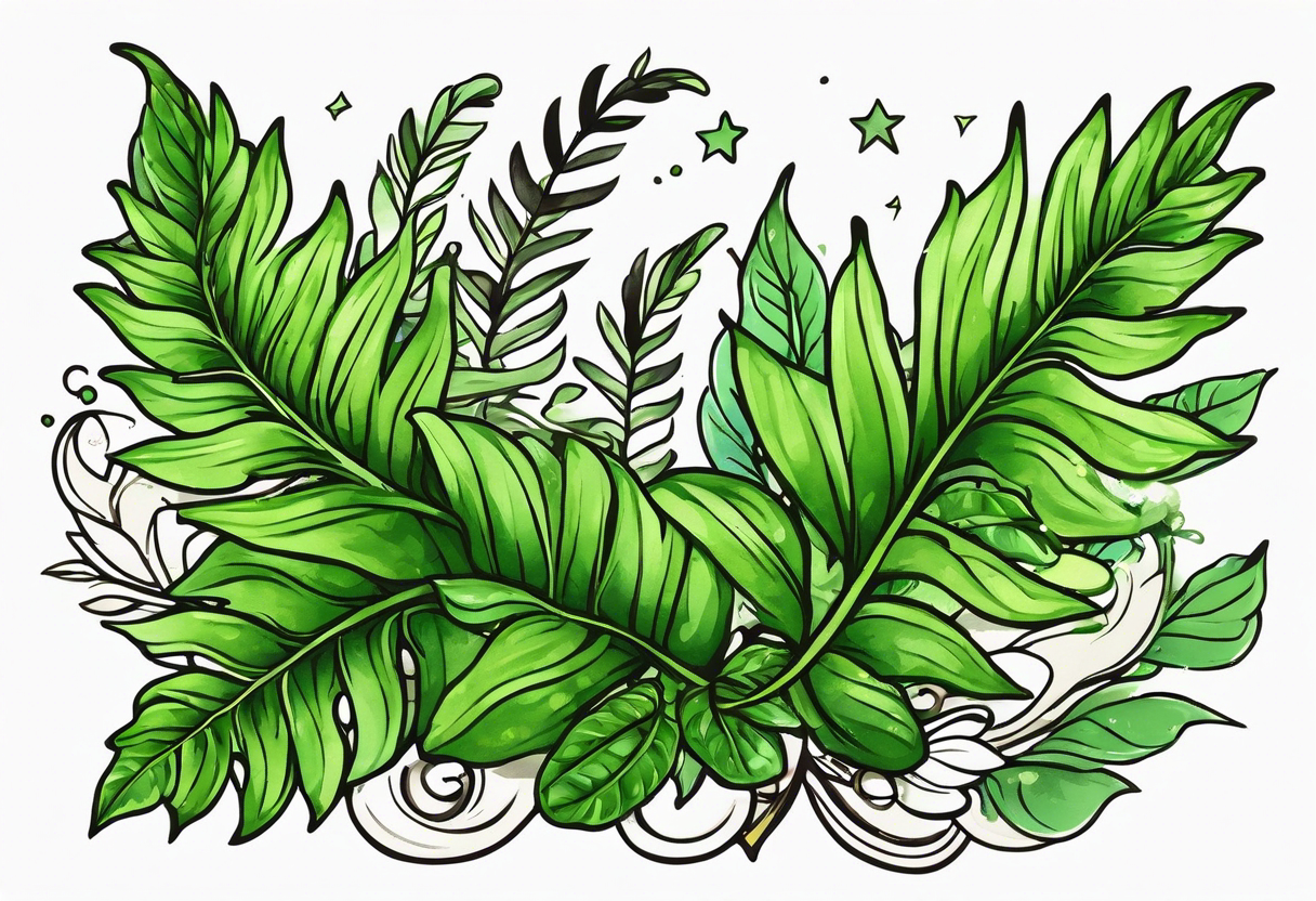 Fern leaf and basil leaf tied with a kawaii ribbon tattoo idea