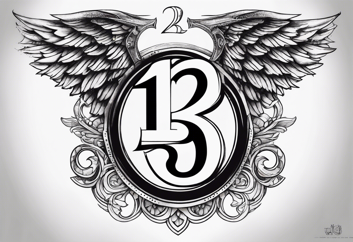 the number 13 with one angel wing and one demon wing, with the karma symbol tattoo idea