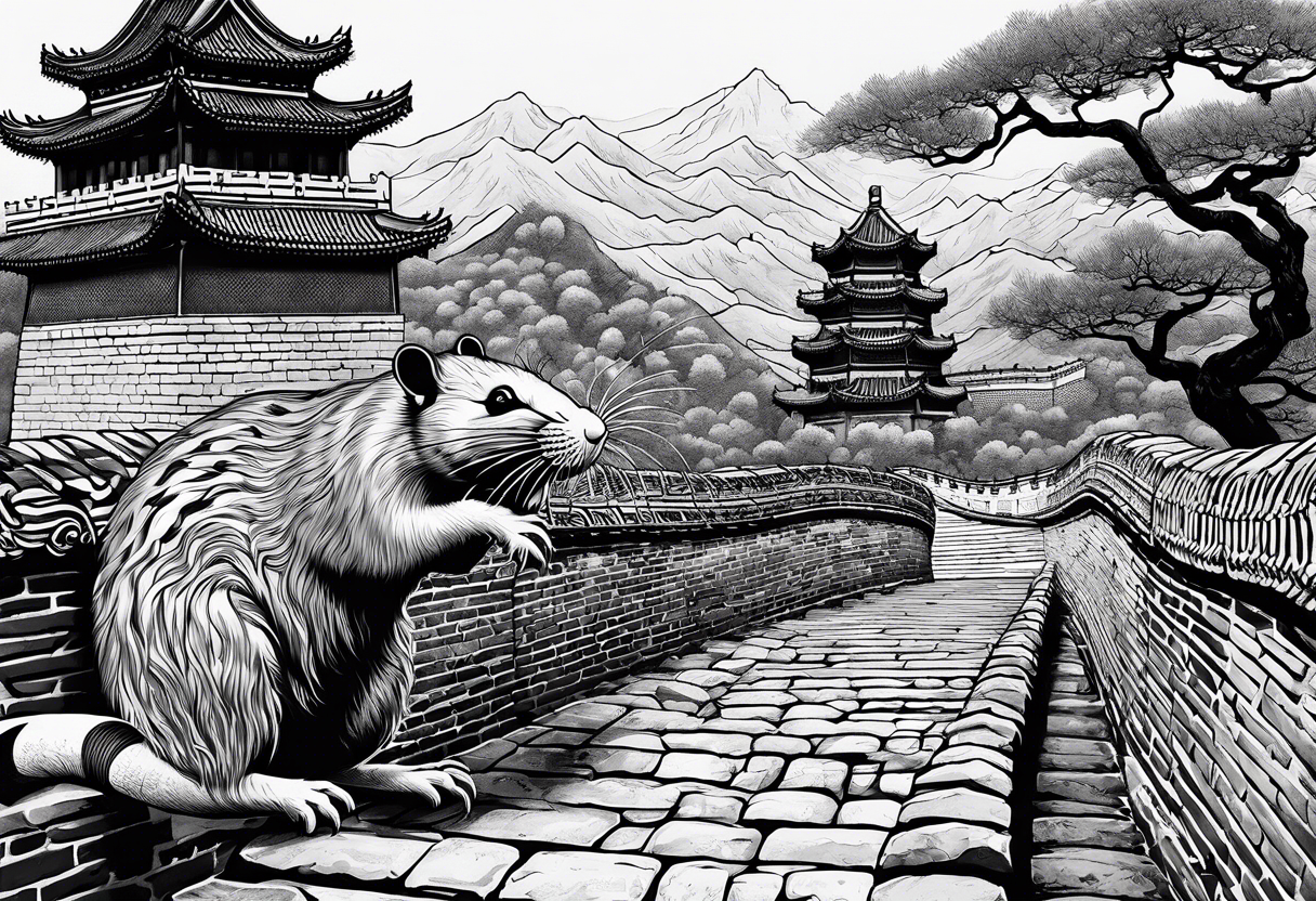 Rat behind Tiger and Snake on the great Wall of China with Temple tattoo idea