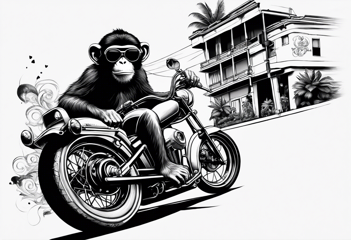 Monkey riding a chopper motorcycle with sunglasses on, a cigarette hanging out of his mouth tattoo idea