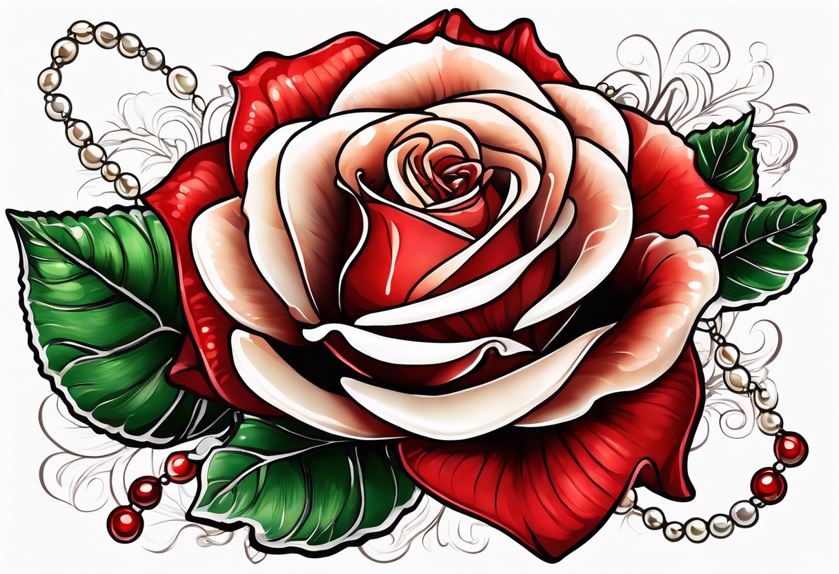 Red rose with a pearls and seashell dangling tattoo idea