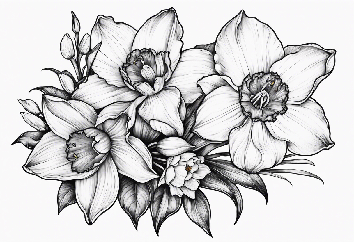 Intertwined daffodil, larkspur, and water lily tattoo idea