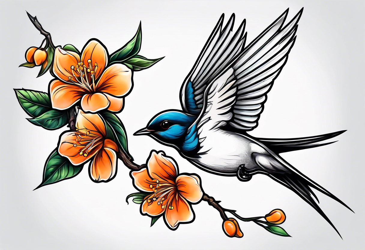 swallow lifting off from an orange blossom branch tattoo idea