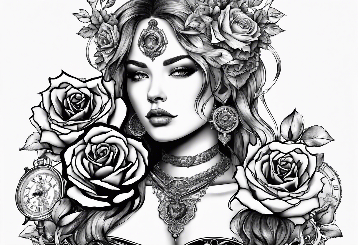 Women holding a mechanical heart roses, time watch, lion, strength tattoo idea