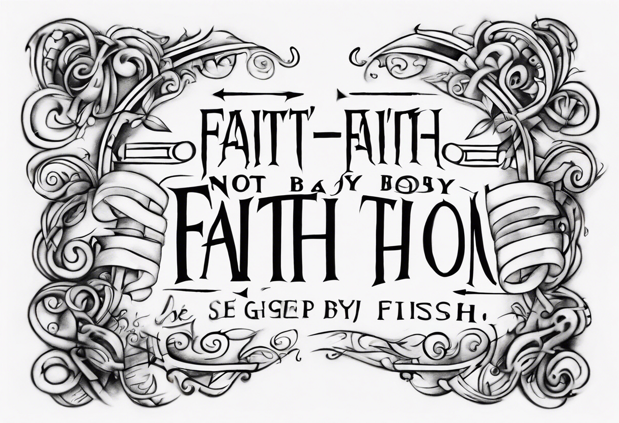 Horizontal inner bicep tattoo. “walk by faith, not by sight” stairwell wrapping around the quote. This design captures the essence of the journey guided by faith. tattoo idea