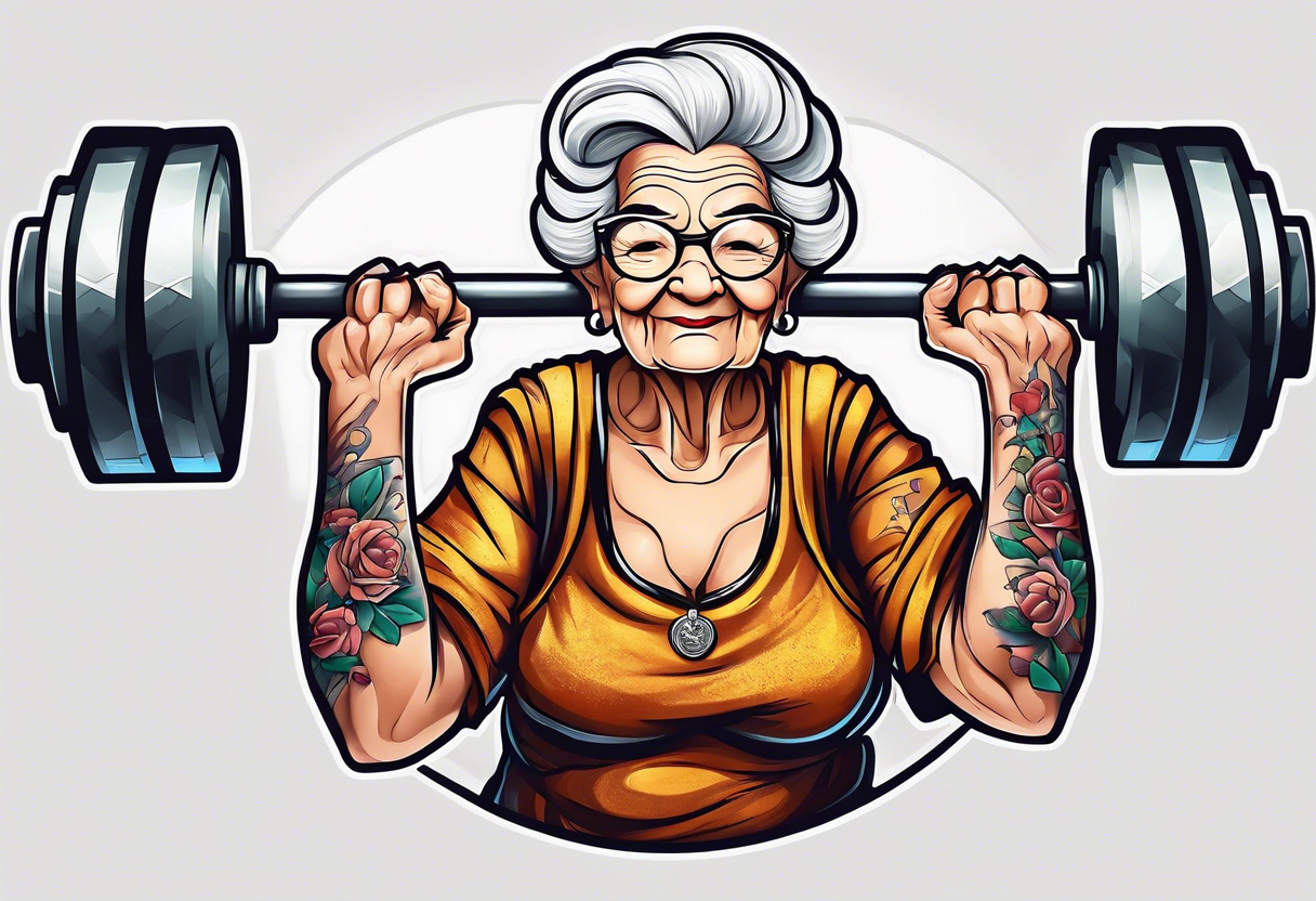 Strong old lady lifting weights. tattoo idea