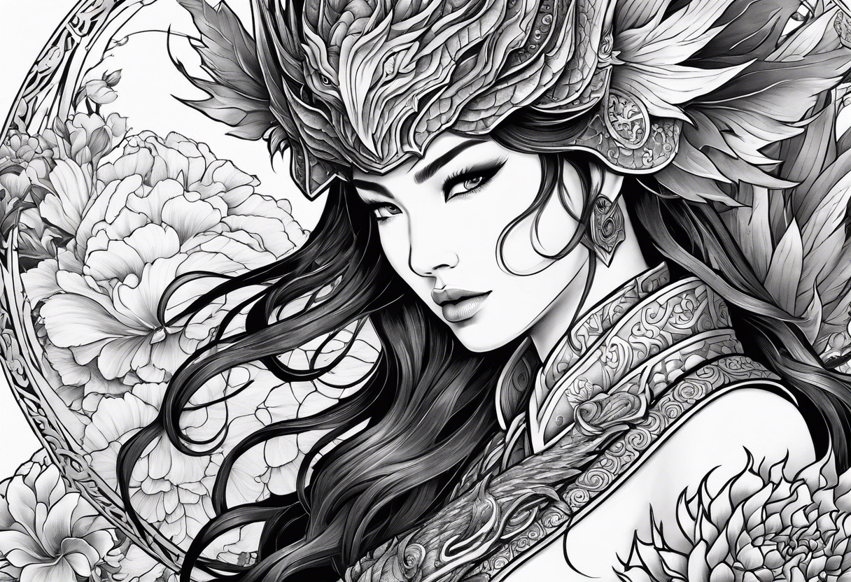 beautiful warrior woman wearing dragon armor and a floral background and a dragon a full picture tattoo idea