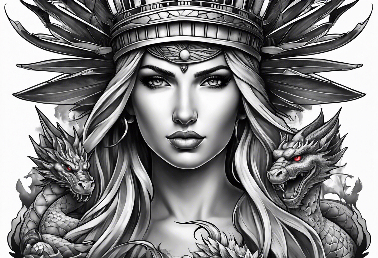 Hot girl as Statue of Liberty with dragon protecting her, full head tattoo idea