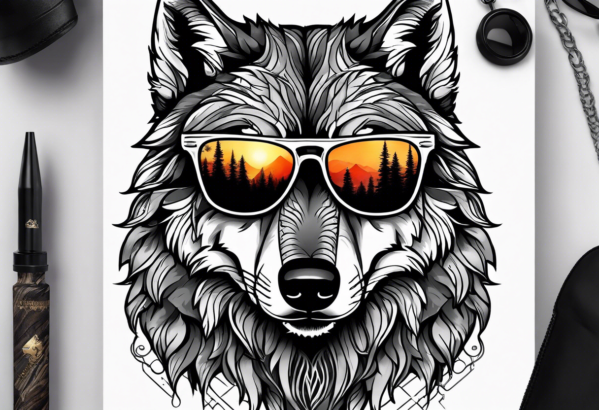 Badass wolf wearing sunglasses
Dark woods
Mountain peaks
Sunset tattoo idea