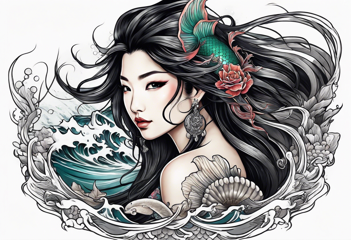 Asian mermaid with long black hair picks through shipwreck tattoo idea