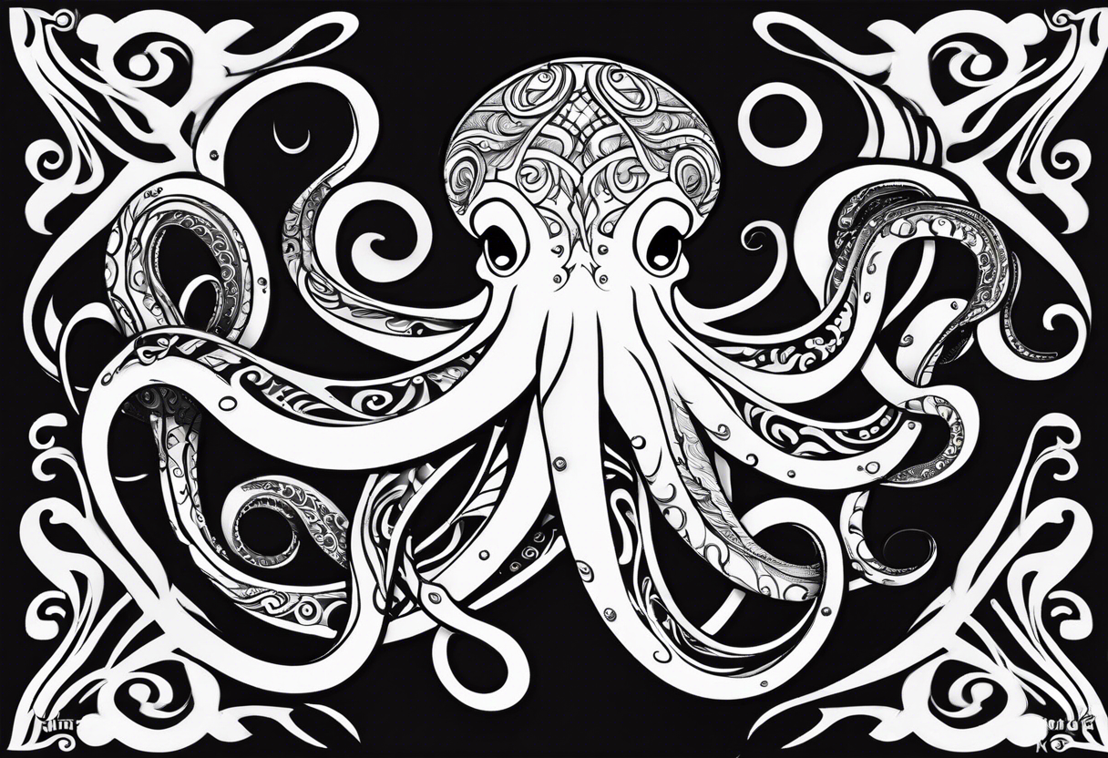 Hawaii tribal octopus with thick lines, less detail, and water waves tattoo idea