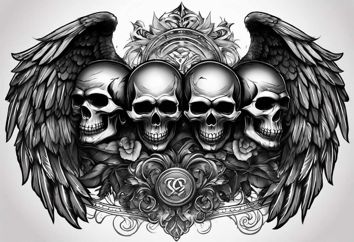 See no evil hear no evil speak no evil  skulls go down the back with angel wings wrapped around the skulls tattoo idea