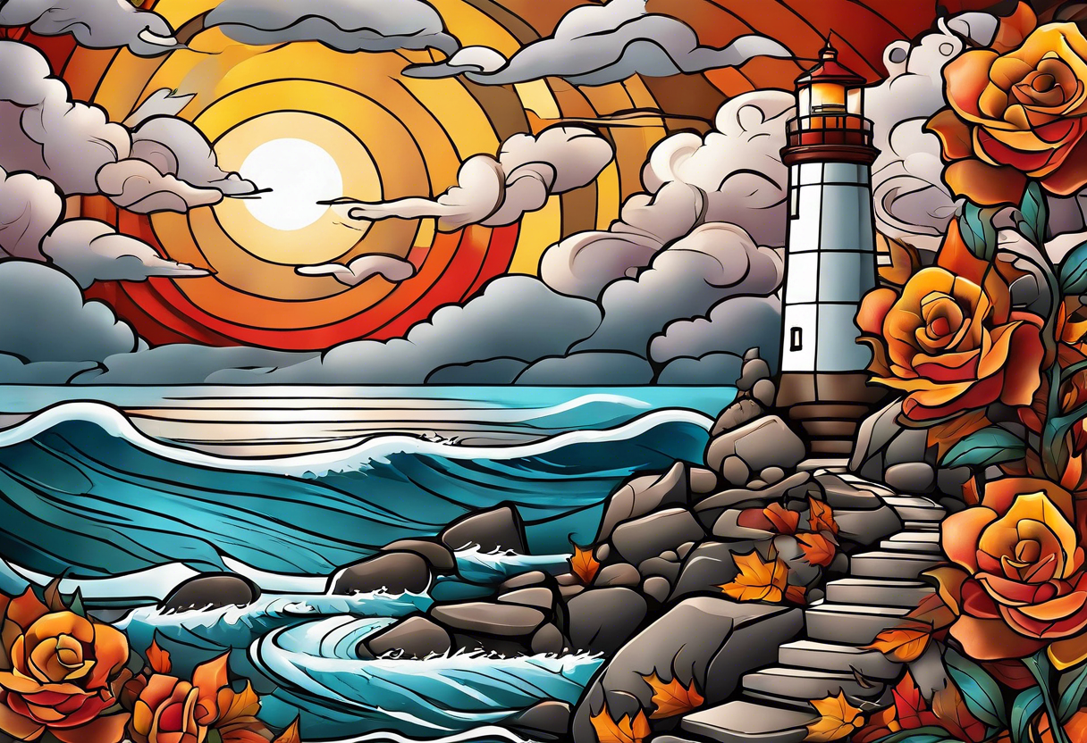 thigh tattoo in fall colors, showing lighthouse, water flow around rocks, sky, clouds, leaves, roses and no trees tattoo idea